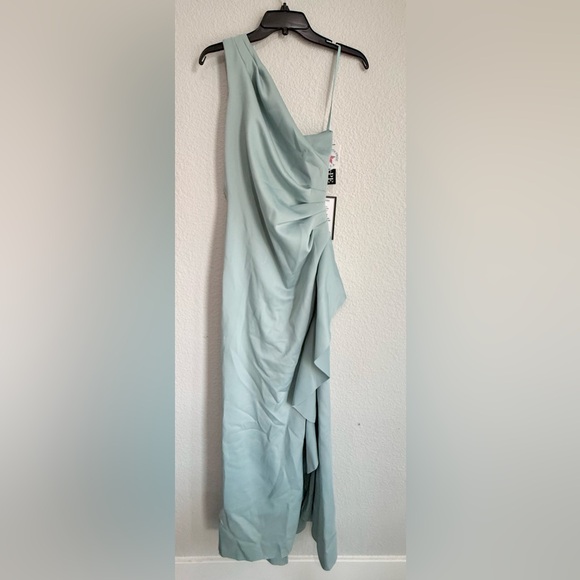 "Flo" Long Techno Scuba One Shoulder Ruffle Dress Elegant Light Blue XSCAPE - Picture 2 of 11